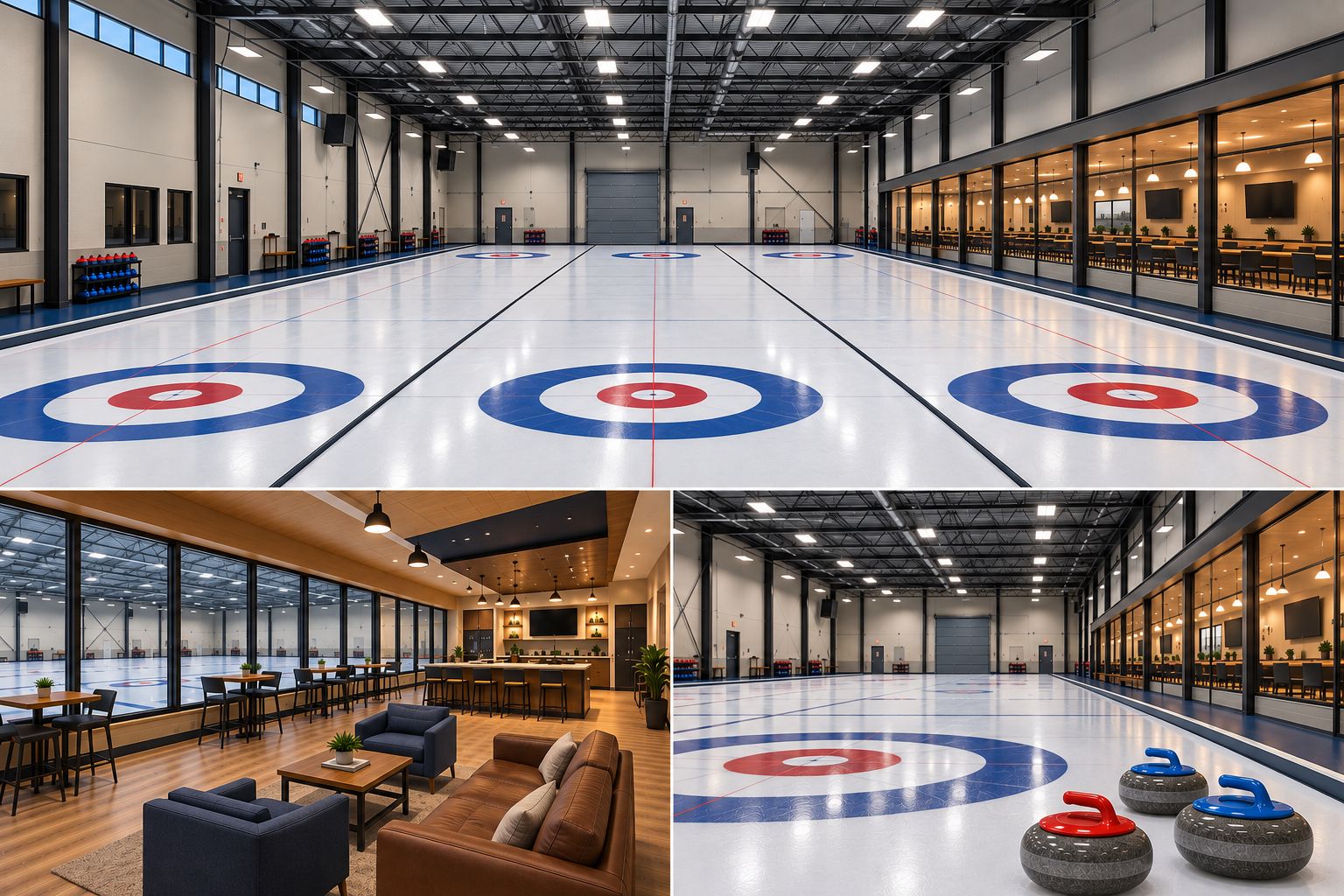 Conceptual architectural rendering of a dedicated three-sheet curling facility with a viewing lounge — not an existing building